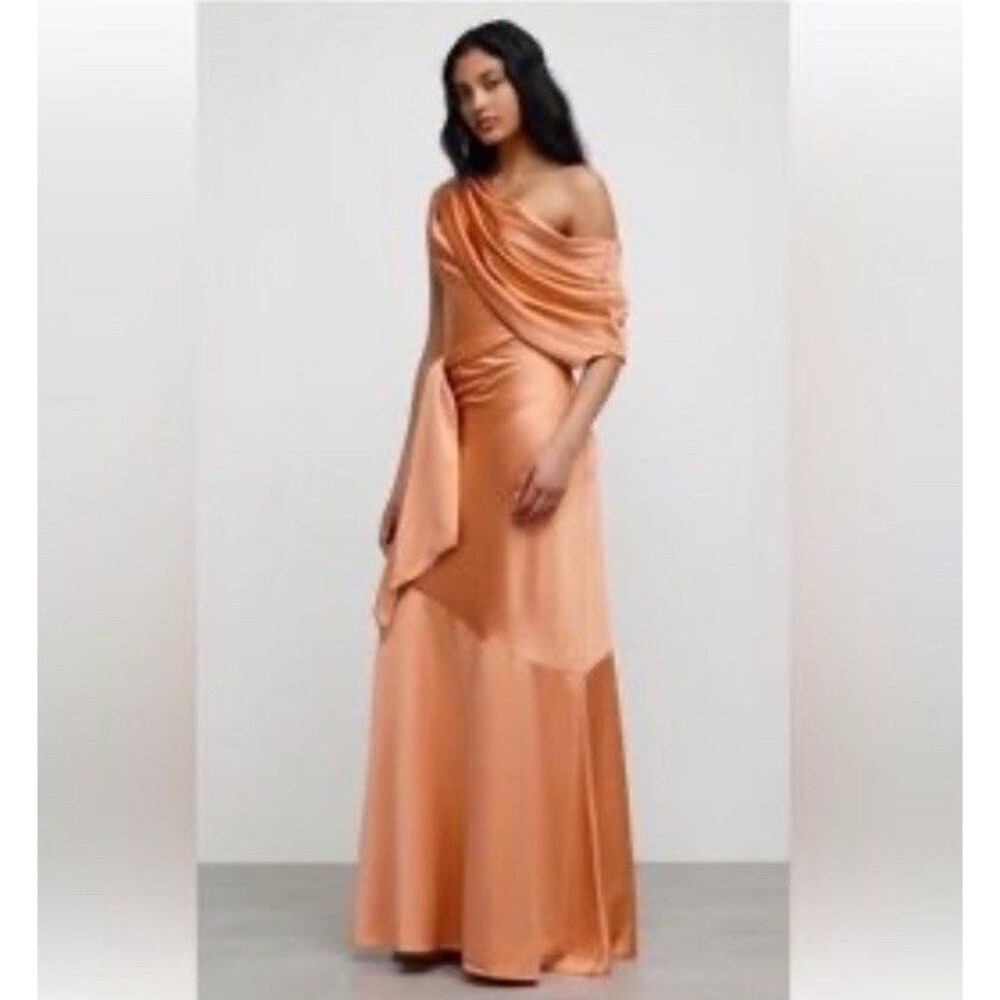 Significant Other 10 Satin Maxi Dress Orange One Shoulder Cowl Slip L Bias Cut